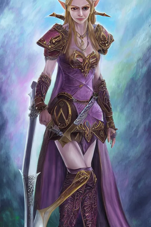 Prompt: Zelda dressed like Malenia from Elden Ring weilding a broad sword, highly detailed digital art, pastel colors, 4k