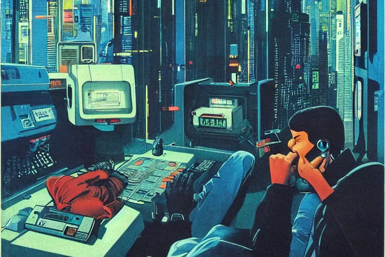 Prompt: 1979 OMNI Magazine Cover depicting a man hooked up to large computer banks. Cyberpunk Akira style by Vincent Di Fate