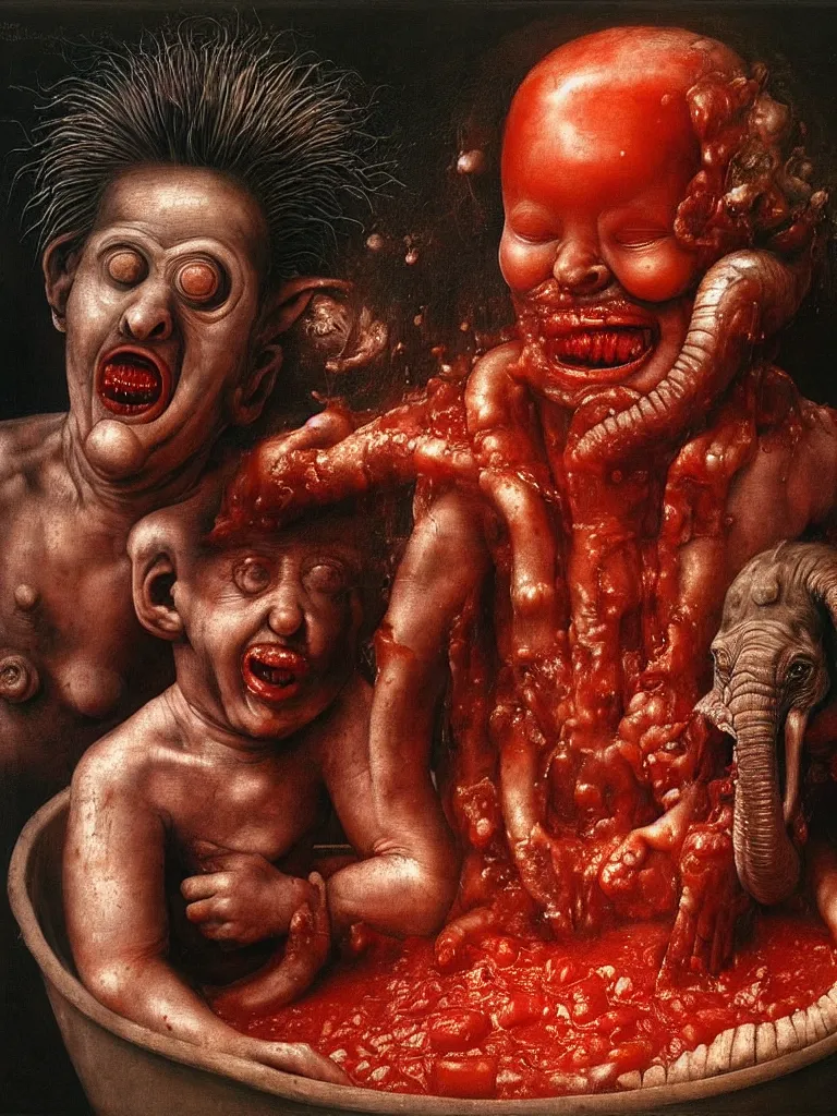 Image similar to a boy like eraserhead and elephant man sitting in a tub full of tomato sauce, looking straight into camera, screaming in desperation, by giuseppe arcimboldo and ambrosius benson, renaissance, fruit, intricate and intense oil paint, a touch of beksinski and hr giger and edward munch, realistic