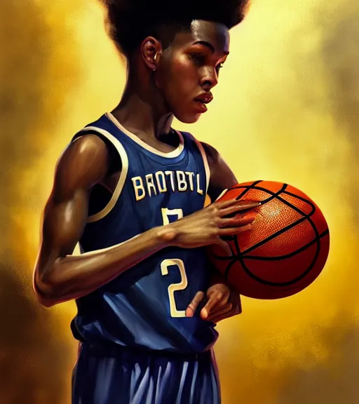 Image similar to portrait of a boy holding a basketball playing basketball wearing a basketball uniform in a basketball court, intense emotion, intricate, elegant, highly detailed, centered, digital painting, artstation, concept art, smooth, sharp focus, illustration, by Peter Mohrbacher, WLOP