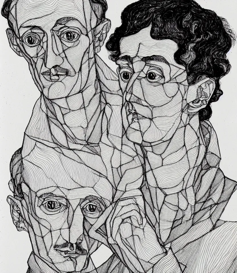 Image similar to detailed line art portrait of hermann hesse, inspired by egon schiele. contour lines, caricatural, musicality, twirls curls and curves, confident personality, raw emotion