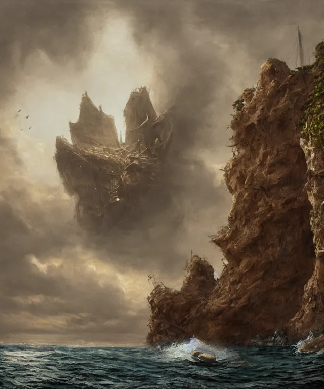 Image similar to photorealistic sepia painting of a pirate ship sailing in front of a tropical island cliff with the mouth of a grotto at the waterline, dark, brooding, atmospheric, lovecraft, by dave dorman