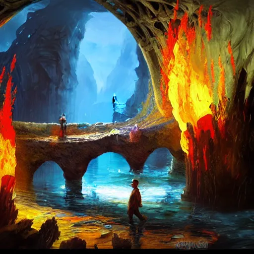 Image similar to acrylic painting, impressionism and expressionism, bold colors, expressive brushstrokes. the ferryman under a stone bridge over the river styx in hades. fantasy art by tyler edlin, cgsociety, burning torches, cliffs