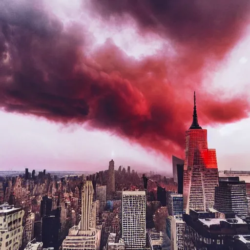 Image similar to dystopian, destroyed new york city, real, blue sky, smoke, red clouds, detailed, award winning, masterpiece, photograph, cinematic