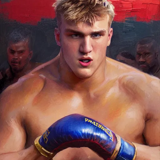 Image similar to a beautiful painting of ksi fist - fighting jake paul in a boxing ring, rendered art, highly detailed painting by gaston bussiere, craig mullins, j. c. leyendecker 8 k, trending on artstation, art, fighting, watercolor