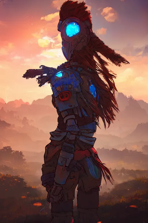 Image similar to combination suit armor aloy horizon forbidden west horizon zero dawn radiating a glowing aura global illumination ray tracing hdr fanart arstation by ian pesty and alena aenami artworks in 4 k tribal robot ninja mask helmet backpack