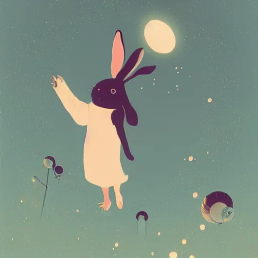 Image similar to A rabbit full of hope, looking for a black hole in an infinite time loop by Victo Ngai and Ghibli andlisk feng and atey ghailan