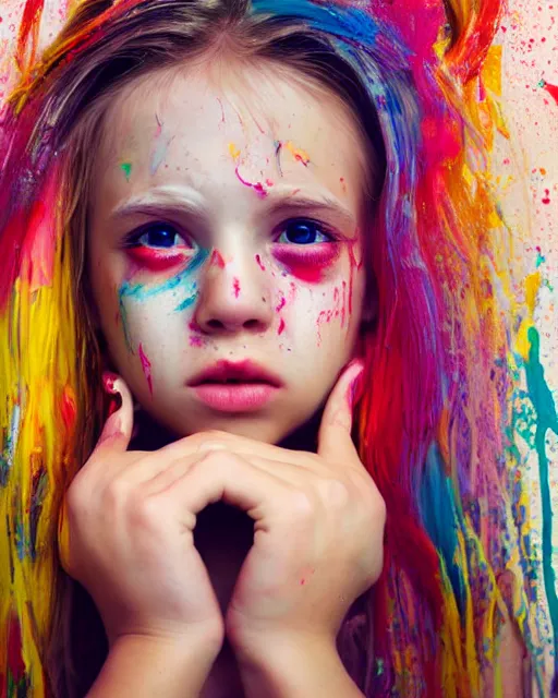 Image similar to portrait photograph of a beautiful young girl with long blonde hair wearing a white t-shir. she is crying tears of flowing exploding colors, she looks sad, distraught. paint splatte, colorful tears, crayon tears, upset, pitiful, cinematic lighting, 4k, focused, photo realistic, highly detailed, 3d rendered