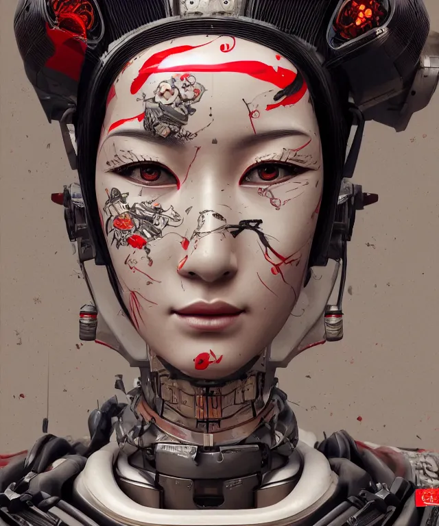 Image similar to an epic fantastic realism comic book style portrait painting of a japanese robotic geisha with kanji tattoos and decals, apex legends, octane render, intricate detail, 4 k hd, unreal engine 5, ex machina, irobot