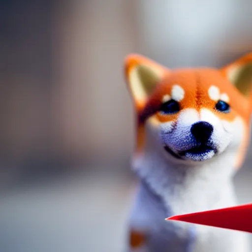 Image similar to close up photo of a tiny shiba inu riding a paper plane, cinematic, shallow dof, 3 5 mm, 4 k, macro