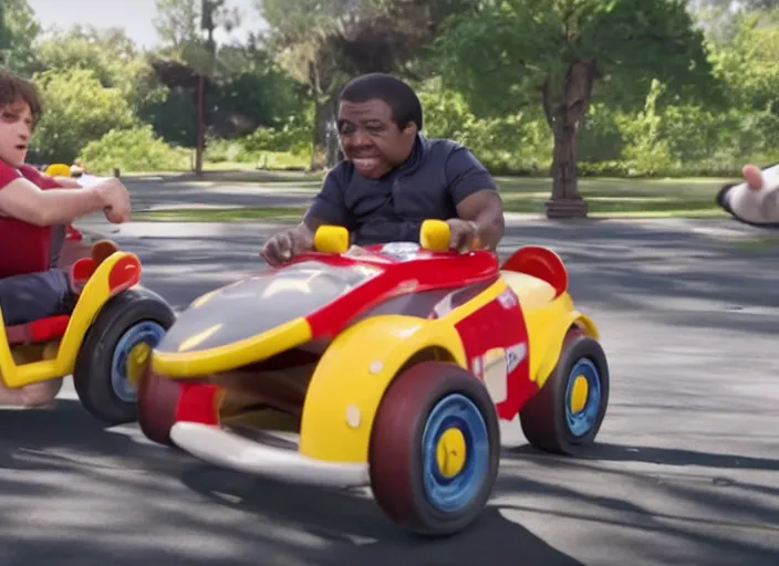 Image similar to peter dinklage racing gary coleman driving a little tikes cars, movie still, from the new fast and furious movie, 8 k, realistic