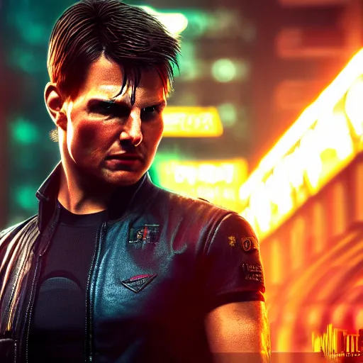 Image similar to tom cruise portrait, Cyberpunk 2077, cyberpsycho, photorealistic, ultra detailed, neon, octane, bokeh, cyber, cyberpunk city, feature, scars, cyberface, 8k