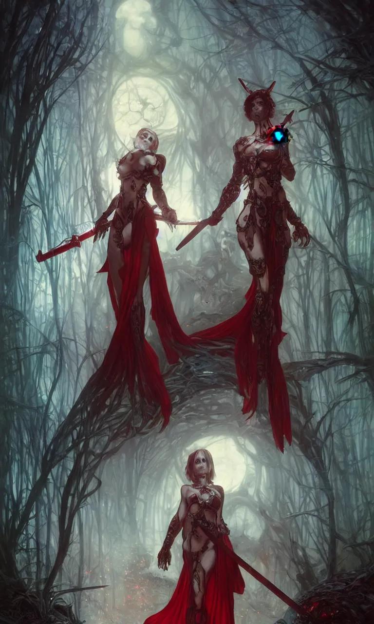 Image similar to full figure, female techno necromancer, pale skin, red cloath, holding a sword wrapped in blue sparkling magic, walking towards the camera, camera pulled back far, detailed illustration, intricate details, surrounded by werewolves, 8 k post processing, scary atmospheric lighting, hyper realistic art by artgerm and greg rutkowski and alphonse mucha and lee bermejo