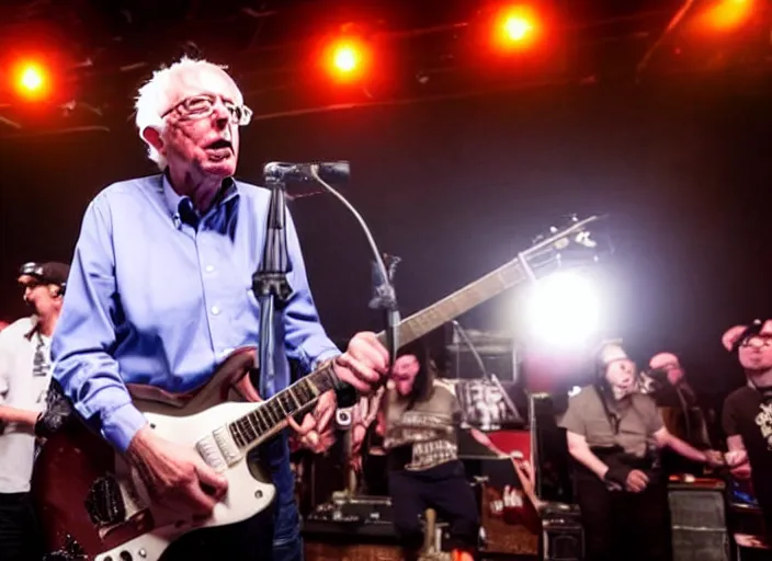 Image similar to publicity photo still of bernie sanders in a punk band playing live on stage, 8 k, live concert lighting, mid shot