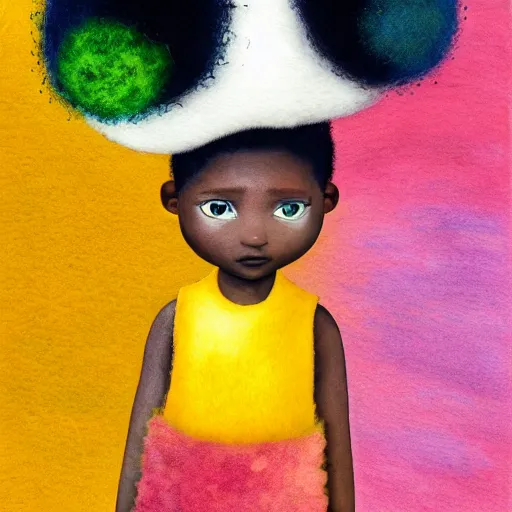 Prompt: a black girl with a colorful afro and big colorful eyes, bright colours, bokeh!!, watercolor, volumetric wool felting, macro photography, children illustration, by goro fujita