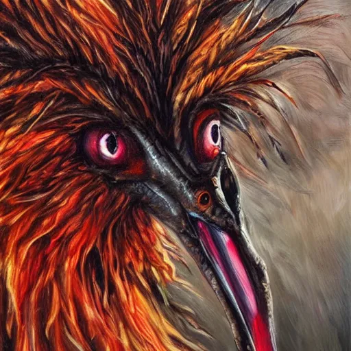 Image similar to hyperrealistic evil swan demon with long curly feathers, gritty horror oil painting, ultra detailed and disturbing