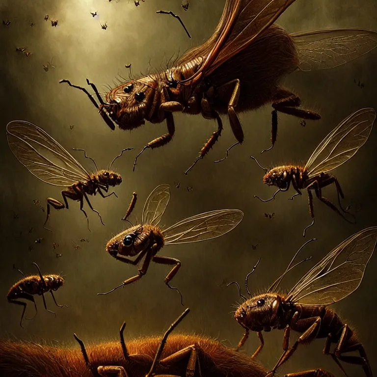 Image similar to epic professional digital art of startling hungry insects, faint golden moody atmospheric lighting, painted, intricate, detailed, detailed, foreboding, by leesha hannigan, wayne haag, reyna rochin, ignacio fernandez rios, mark ryden, iris van herpen,, epic, stunning, gorgeous, much wow, cinematic, masterpiece.