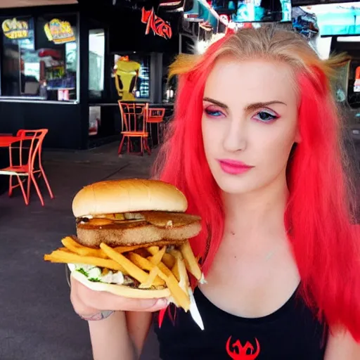 Image similar to Alucard the blond vampire lord in a crop top and shorts eating a burger at Hooter’s