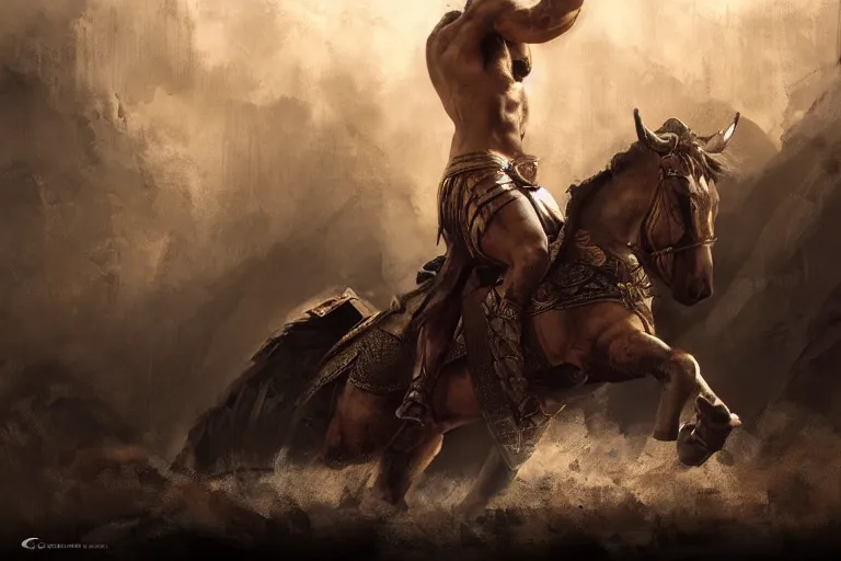 Image similar to Gladiator, male, muscular, cinematic lighting, dramatic atmosphere, by Craig Mullins, 4k resolution, trending on artstation