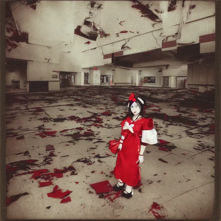 Prompt: atmospheric polaroid photo of reimu hakurei at an abandoned mall