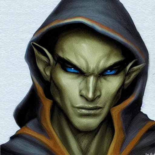 Image similar to Character portrait, face close up: Elf Male Monk/Ranger. Hooded, shadow and gloom. In the style of Ralph Horsley