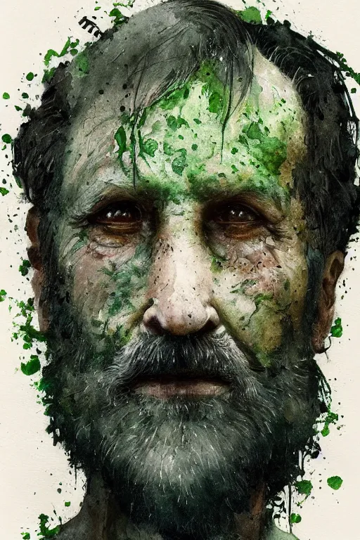 Image similar to portrait of hairy old man with aquarelle painted skin. close up. very dark black hair, green eyes. intricate dark flowers pattern in face and background, high detail, by greg rutkowski