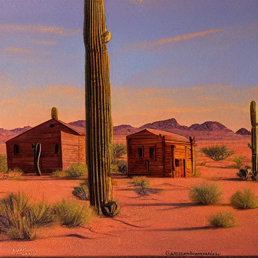 Image similar to an oil painting of a wild west ghost town in the sonora desert by frank maggiori, golden hour, sunlight