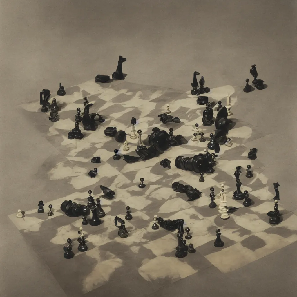 Prompt: A chess readymade connected to a machine, Marcel Duchamp, Irving Penn, Rinko Kawauchi, cyberpunk, 1919