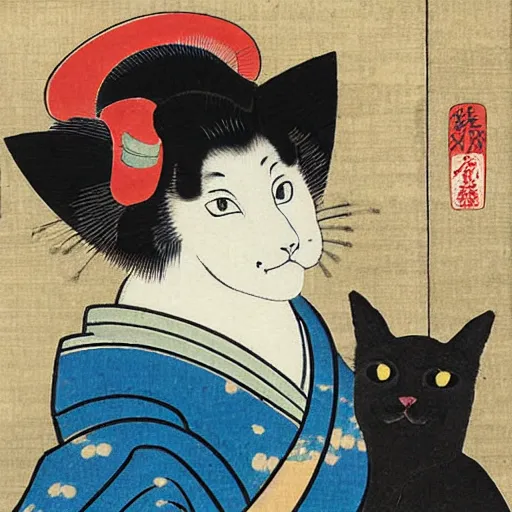 Prompt: japanese cat geisha portrait, ukiyo-e, by by Kuniyoshi