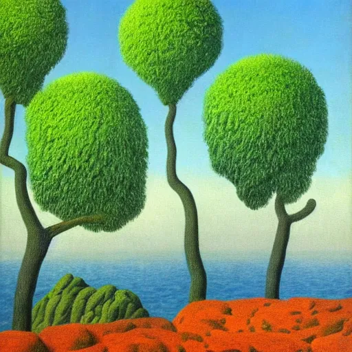 Prompt: painting of a lush natural scene on an alien planet by rene magritte. beautiful landscape. weird vegetation. cliffs and water.
