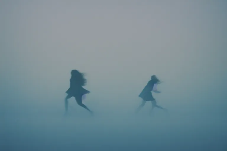 Prompt: film photography, straight colors, minimalism, woman silhouette running in the blue fog with low shutter speed, 35mm, motion blur