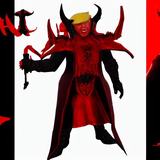 Image similar to concept art of donald trump as satan, red and black, evil armor, 4k, unreal engine highly detailed dramatic