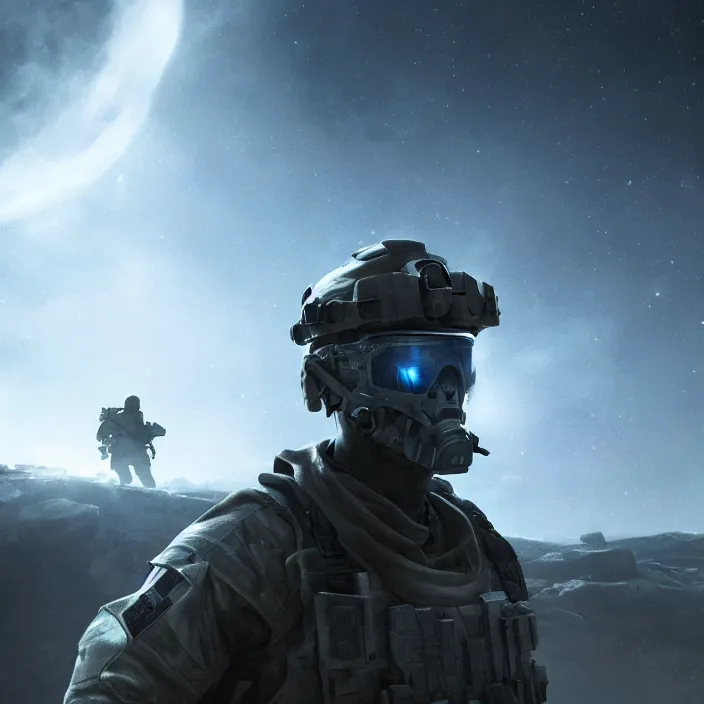 Image similar to cinematic, beautiful lighting, call of duty ghost soldier looking out into the vastness of space, digital art