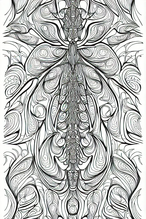 Prompt: mantis ornate luxury fractal ink drawing line art colouring page, vector, margins, fine lines, centered