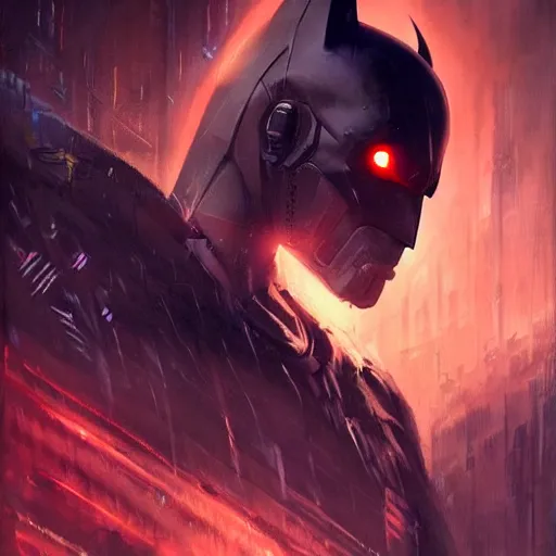 Image similar to cyberpunk batman with fullface mask, red bat, full shot, moody, futuristic, city background, brush strokes, oil painting, greg rutkowski