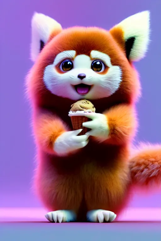 Prompt: high quality 3 d render hyperrealist very cute pastel fluffy! red panda & tarsier hybrid eating giant ice cream full body, vray smooth, in the style of detective pikachu, hannah yata charlie immer, dramatic pink light, low angle, uhd 8 k, sharp focus