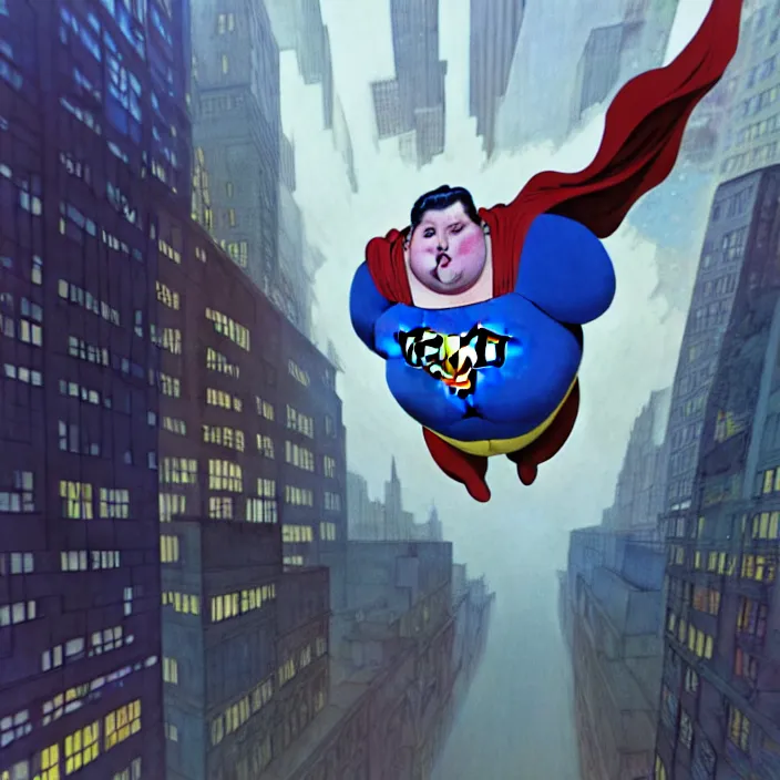 Prompt: hyperrealistic mixed media portrait of a a mordidly obese superman floating through the air over empty city streets at midnight, despair, stunning 3d render inspired art by P. Craig Russell and Barry Windsor-Smith + perfect facial symmetry + dim volumetric lighting, 8k octane beautifully detailed render, post-processing, extremely hyperdetailed, epic composition, grim yet sparkling atmosphere, cinematic lighting + masterpiece, trending on artstation