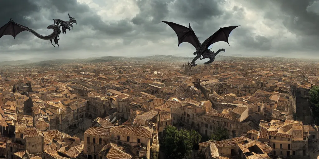 Image similar to the monumental city of caceres with a dragon flying over it, dramatic lighting, cinematic, extremly high detail, photorealistic, cinematic lighting, post processed, concept art, artstation, matte painting, style by greg rutkowsky