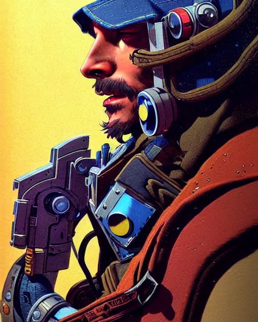 Image similar to mccree from overwatch, space suit, character portrait, portrait, close up, concept art, intricate details, highly detailed, vintage sci - fi poster, retro future, in the style of chris foss, rodger dean, moebius, michael whelan, and gustave dore