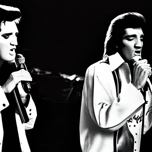 Image similar to elvis presley and snoop dog singing a duet behind a microphone stand, in las vegas, detailed, beautiful, photo, f 1. 8, album cover, photorealistic