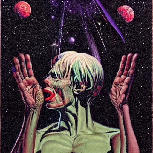 Image similar to the creator of the universe, pitch black masculine figure, gerald brom and andy warhol, cosmic horror, planet earth