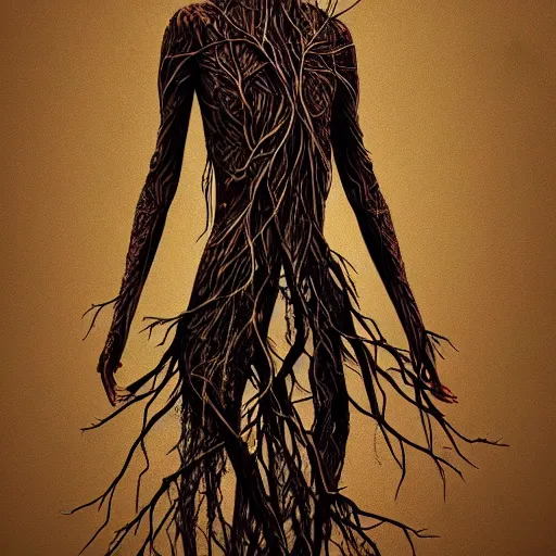 Prompt: digital art, Abstract art, humain female body made of roots, intricate roots, trending on artstation, -640