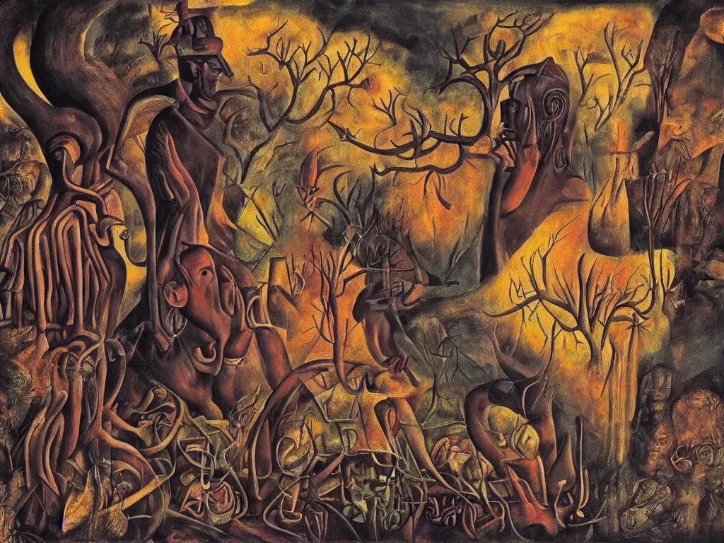 Prompt: Giant African sculpted god in a ravine, fog, melancholy, noise, surreal canopy, fire, harsh, golden light. Painting by Bosch, Frida Kahlo, Yves Tanguy.