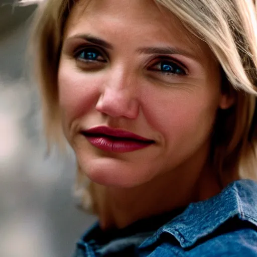 Image similar to close - up young cameron diaz, moody lighting, 8 k, shallow depth of field, cinematic lighting,