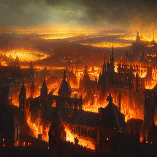 Image similar to medieval kingdom brightly burning in flames as seen from the sky, digital art, highly detailed, dark colours, 8 k, intricate, moody lighting, by greg rutkowski