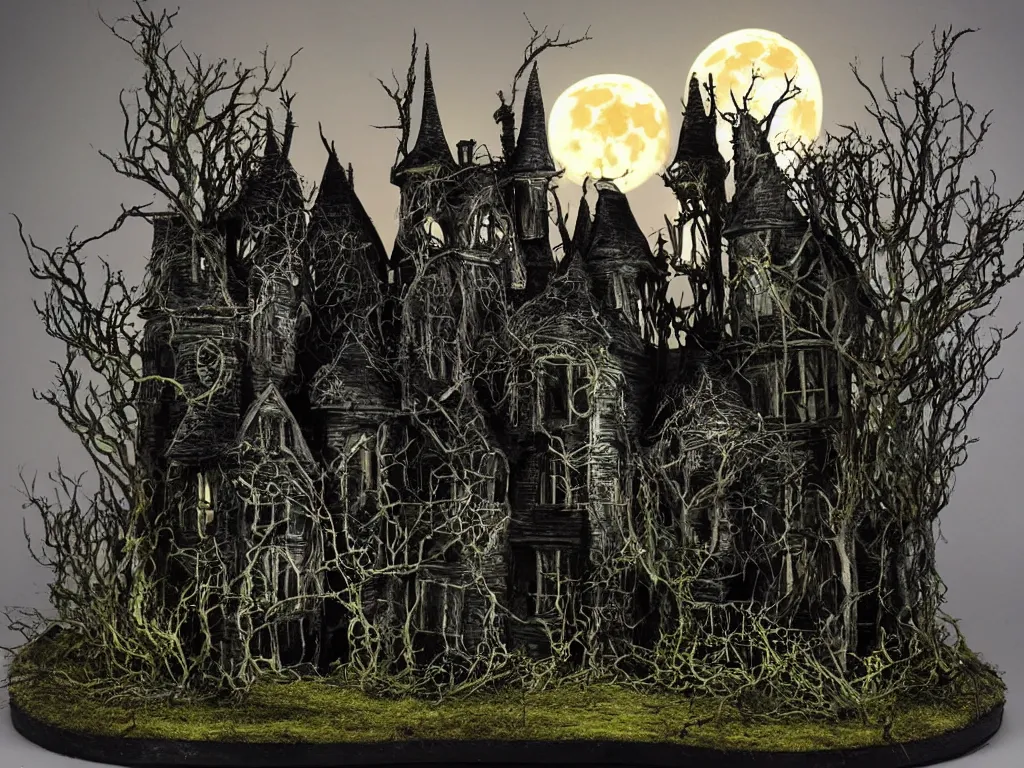 Prompt: tim burton elaborate victorian lighted haunted house, practical effects miniature model, dark colours, swamp with twisted trees in the background, stormy night with moon