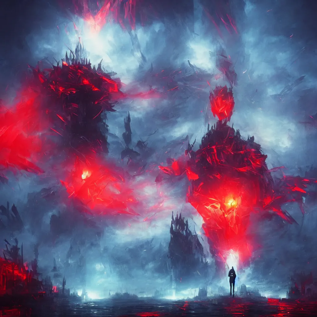 Image similar to an aesthetic portrait of the mad king, with his red lazer eyes beaming across the city of blood and prisms by john harris and mark simonetti and leonid afremov and ivan aivazovsky, unreal engine, hyperrealistic, vray, unsplash photo contest winner, digital art, cyberwave, neon, cinematic