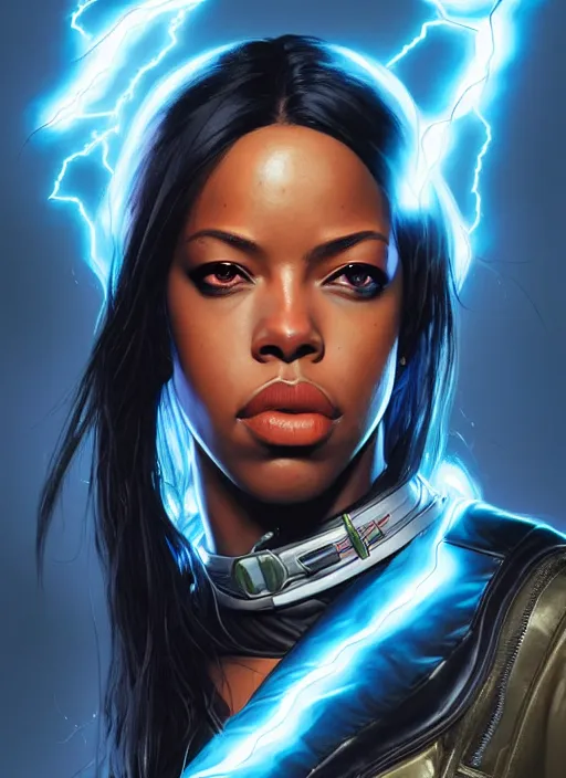 Prompt: portrait of apex legends aaliyah haughton, x - men, storm, elegant, electricity archs, lightning strikes, rippling electromagnetic, highly detailed, digital painting, artstation, glamor pose, concept art, smooth, sharp focus, illustration, art by artgerm and greg rutkowski, artey freytag