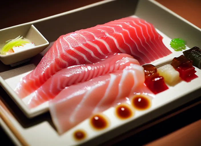 Image similar to a film still portrait of japanese food sashimi, finely detailed features, closeup at the food, perfect art, at a dinner table, gapmoe yandere grimdark, trending on pixiv fanbox, painted by greg rutkowski makoto shinkai takashi takeuchi studio ghibli, akihiko yoshida