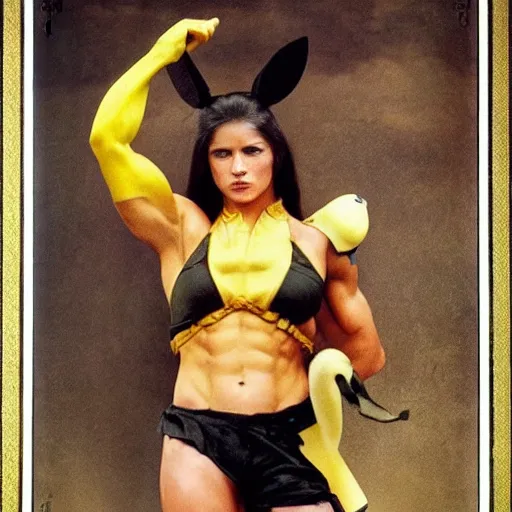 Image similar to muscular woman dressed up as Mortal Kombat pikachu art photo by Annie Liebovitz and Alphonse Mucha